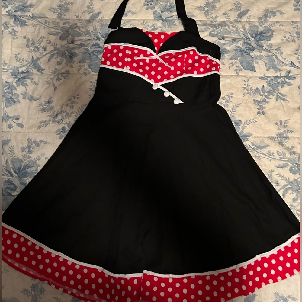 Halter dress. Black with white and red.